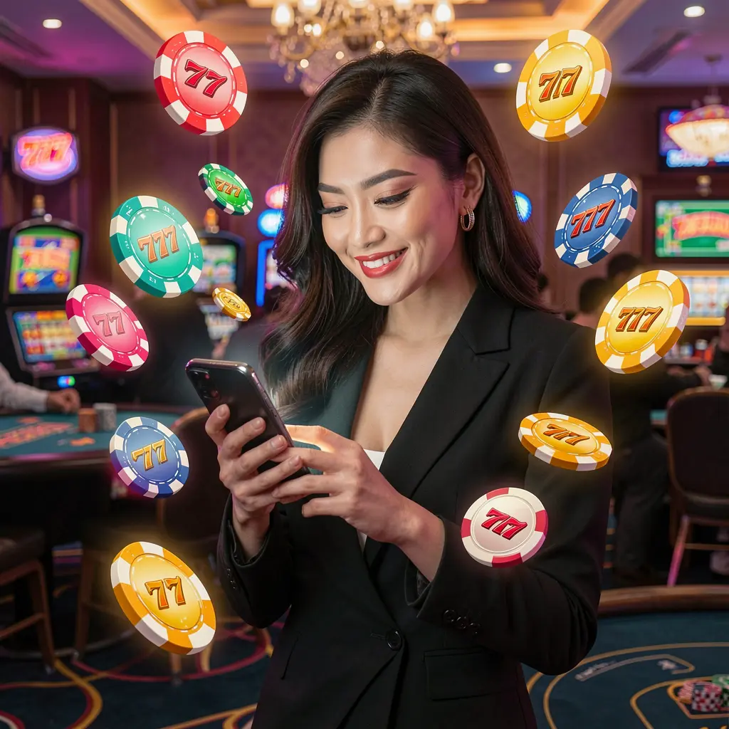 Stylish Indonesian woman enjoying the 8HHH casino app as colorful poker chips and 777 slot symbols float around her