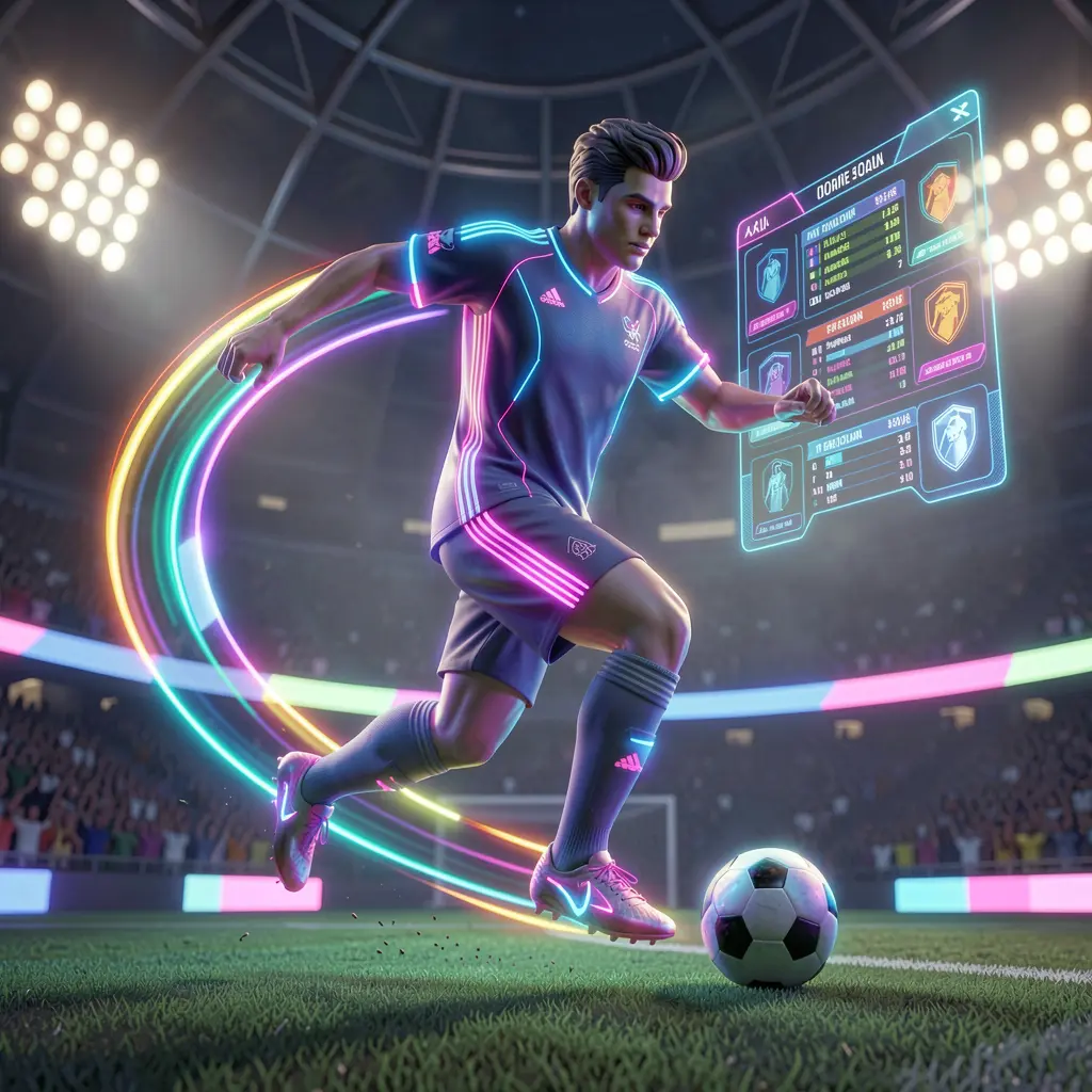 8HHH – Enjoy fast and interactive live sports betting in Indonesia Futuristic soccer player in motion with glowing effects and a digital betting interface highlighting live sports betting on 8HHH in Indonesia