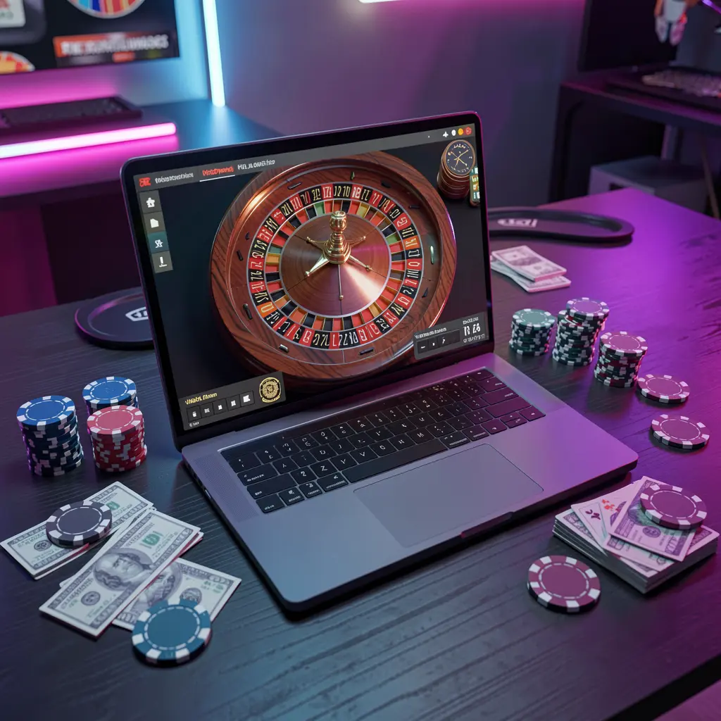 Modern online casino scene with a laptop displaying roulette and scattered chips illuminated by neon lights representing immersive gaming on 8HHH in Indonesia