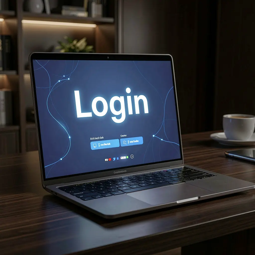8HHH Login – Safe and smooth account access for players in Indonesia Modern laptop on a dark desk showing the 8HHH login screen with a glowing interface designed for secure access in Indonesia