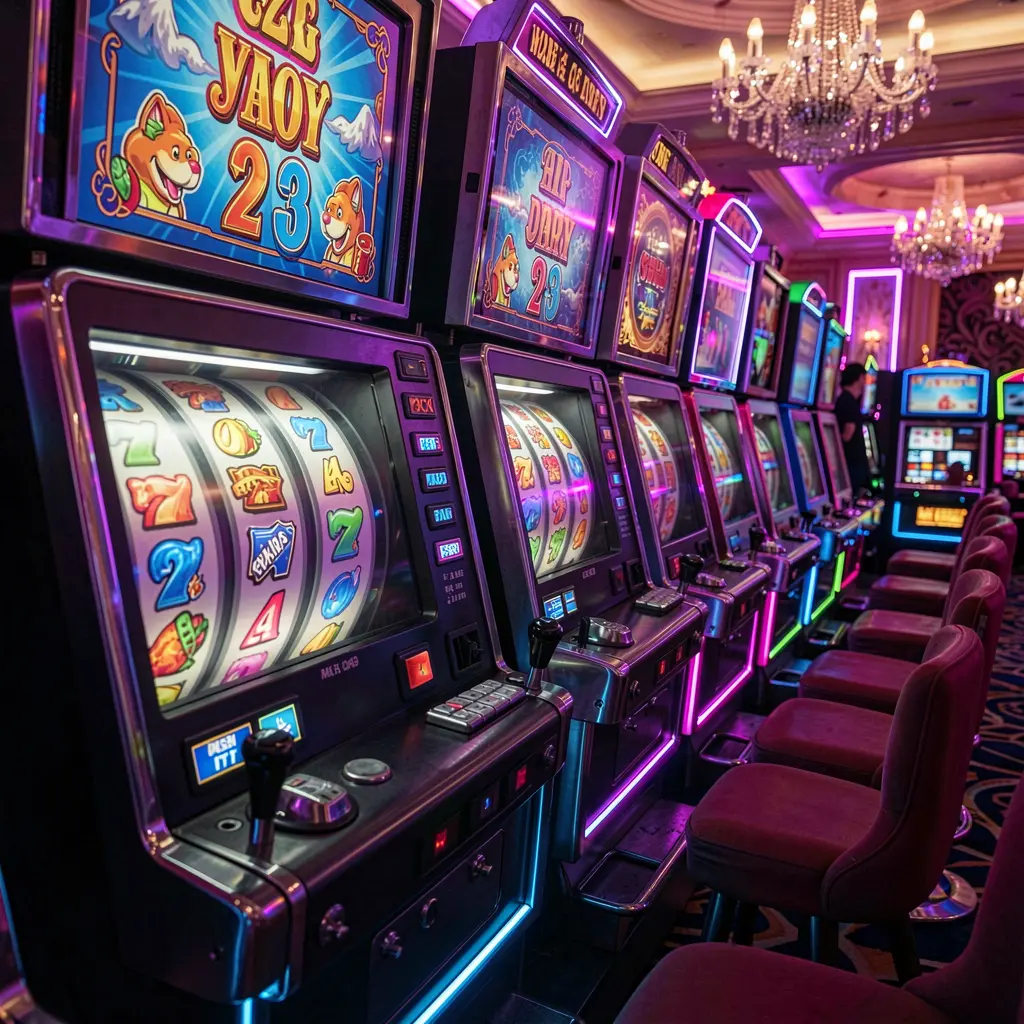 8HHH – Start your slot gaming adventure with classic and modern slots Bright and colorful slot machines with spinning reels and classic casino symbols creating an exciting gaming mood at 8HHH online casino for Indonesian players